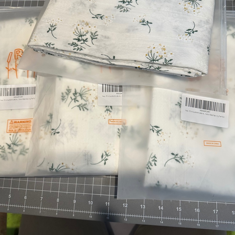4 Yards White Floral Dobby Cotton Fabric Green Yellow Sprig Embroidered 55" Wide